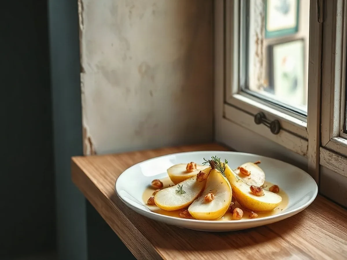 Sliced pear, chicory and toasted hazelnuts arranged on a pale stoneware plate in soft daylight.
