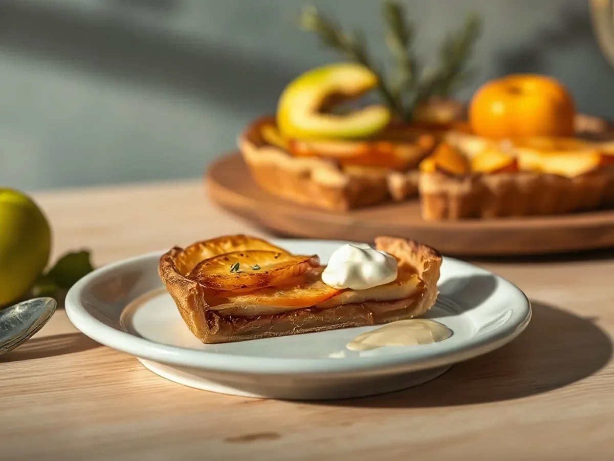 Golden apple tart with thyme and cream on a glazed plate in gentle daylight.