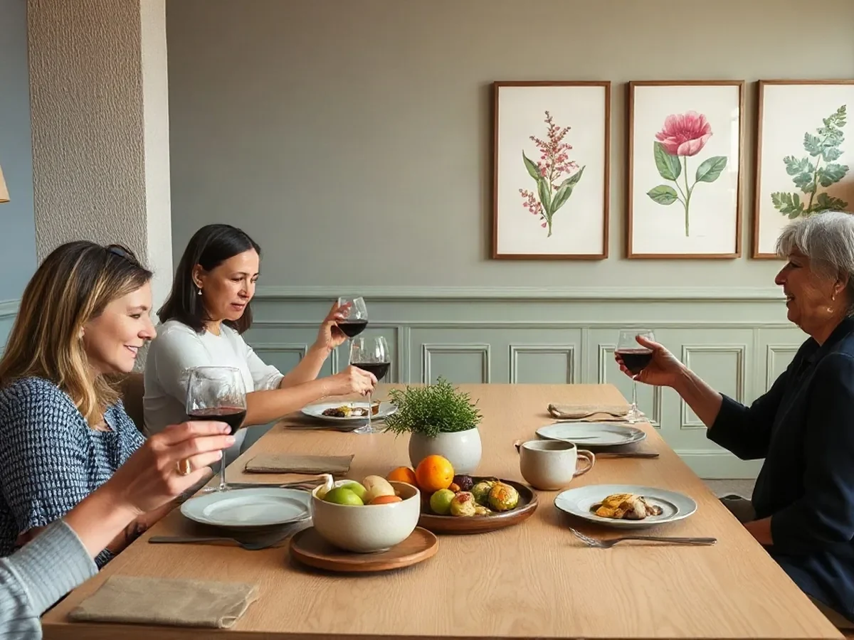 Adults sharing a meal at a pale oak table beneath warm lamps in a clay-blue dining room.