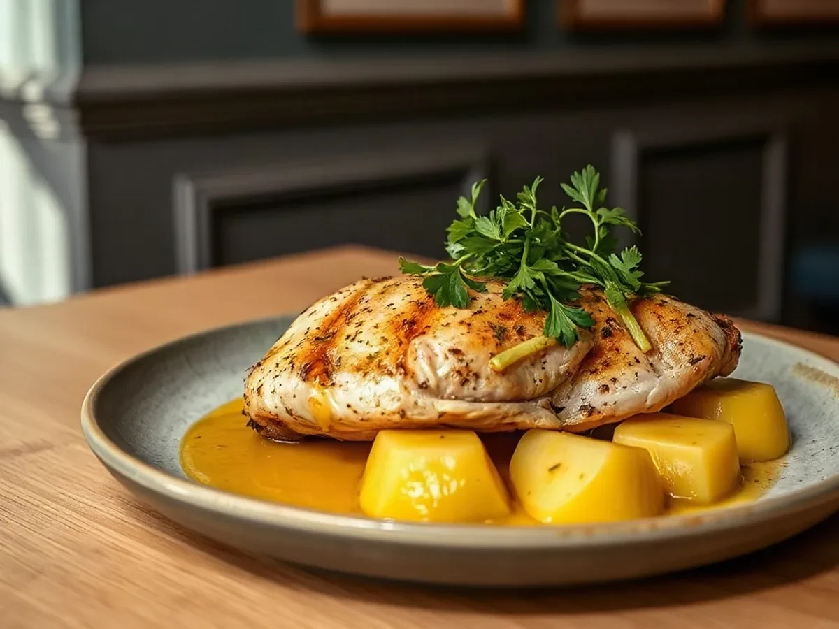Herb-roasted chicken with potatoes and green herbs on stoneware under warm light.