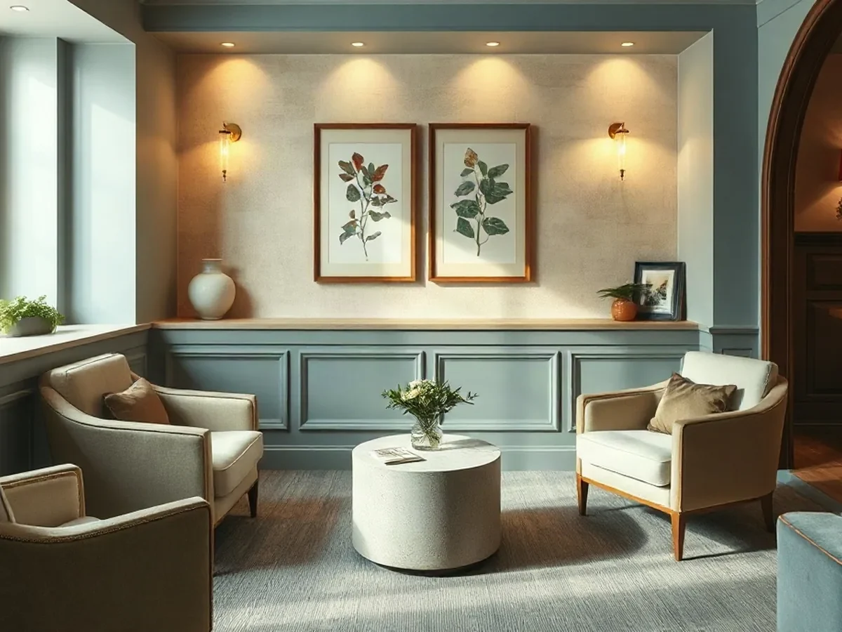 Comfortable chairs and a small stone table in a quiet lounge with botanical prints and soft light.