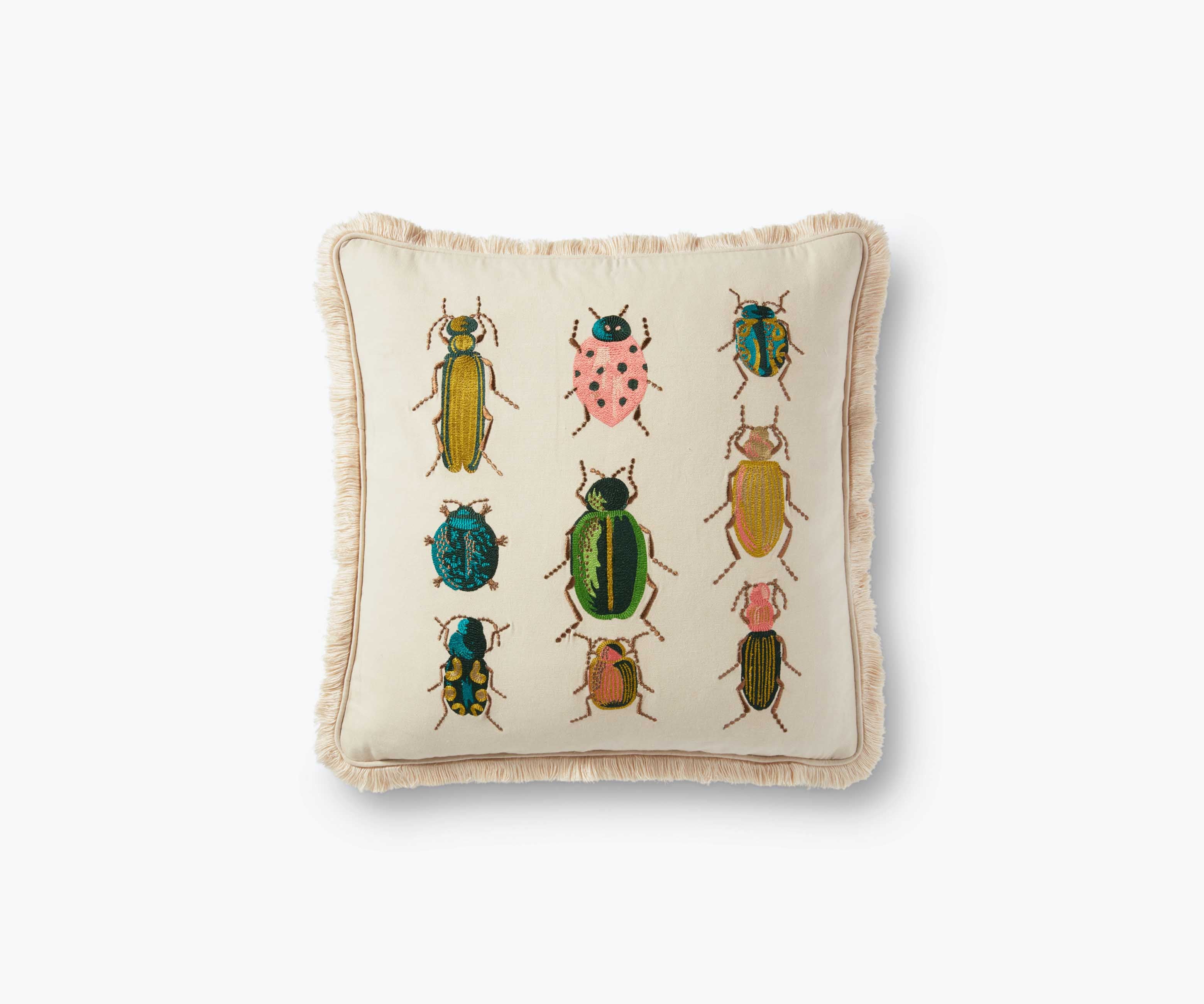 Beetles and Bugs Embroidered Pillow - Natural