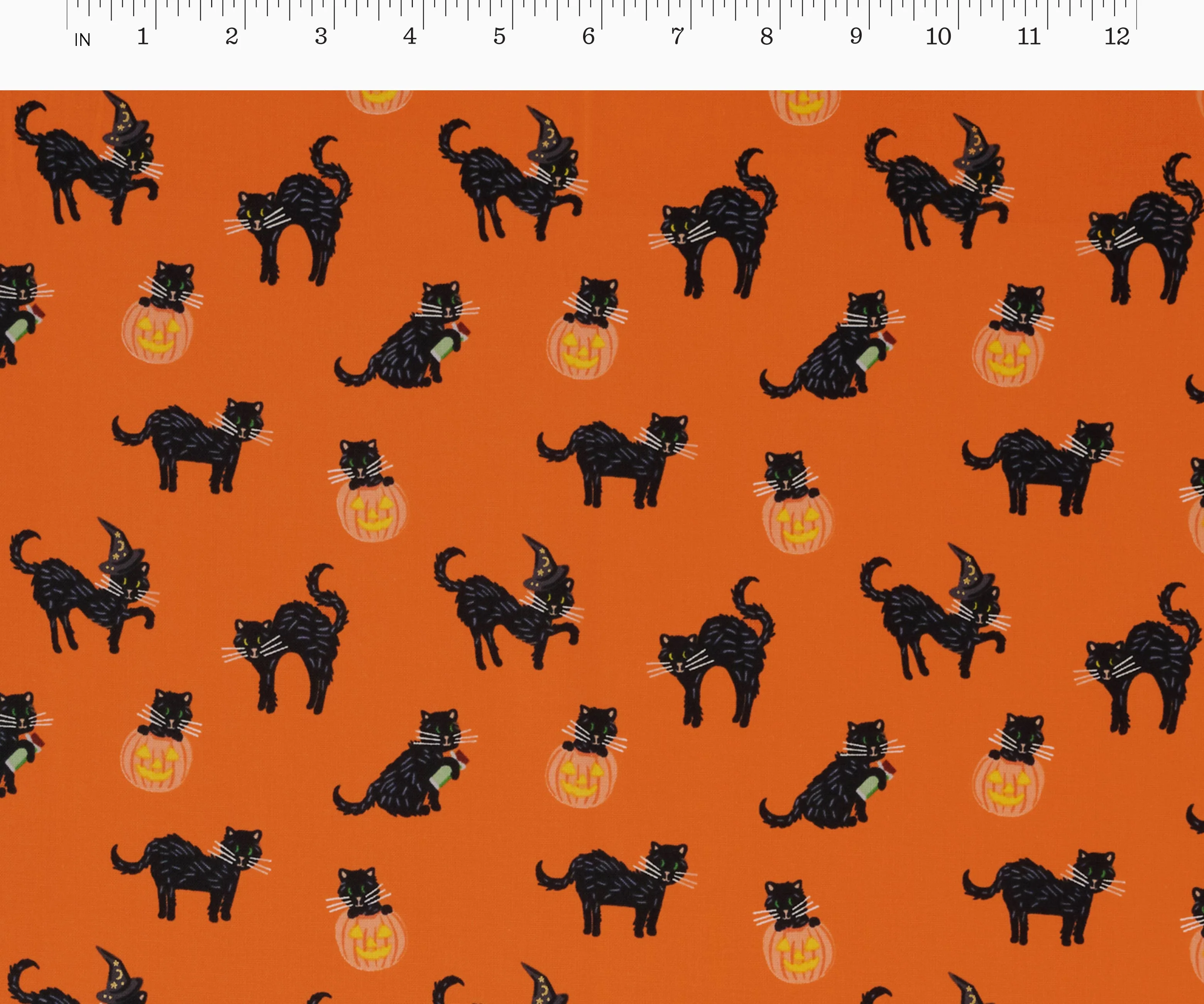 Black Cat Cotton Metallic Fabric - Orange