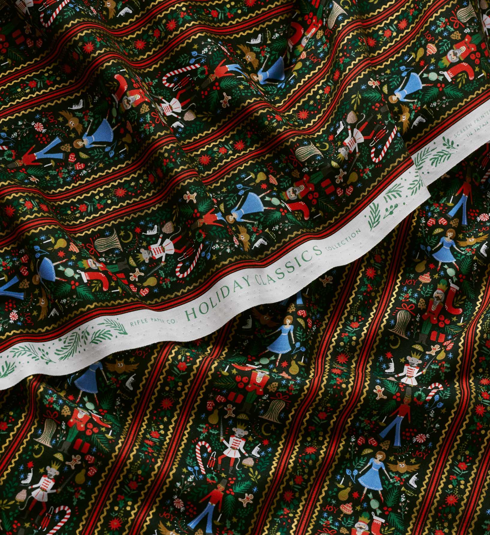 Holly Jolly Nutcracker Cotton Metallic Fabric - Evergreen and Gold