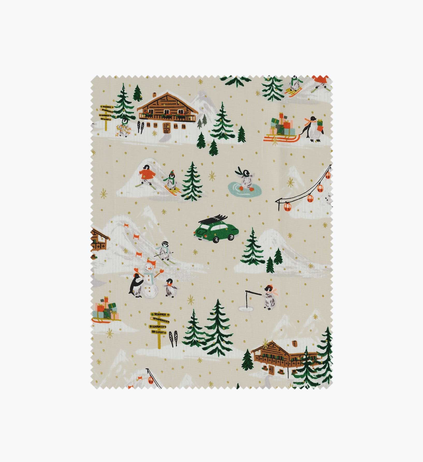 Penguin Village Cotton Metallic Fabric -  Cream and Gold