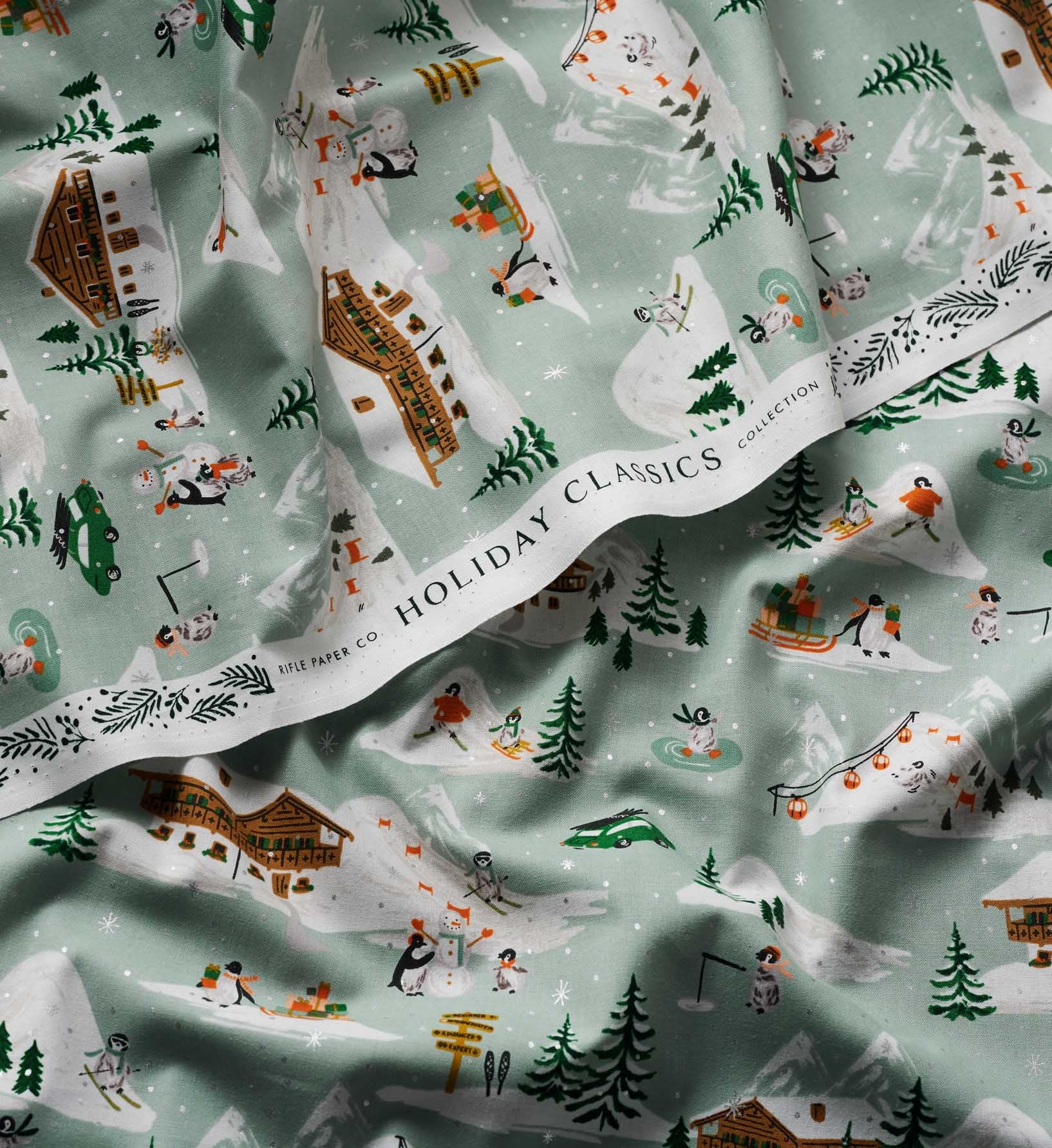 Penguin Village Cotton Metallic Fabric - Mint and Gold