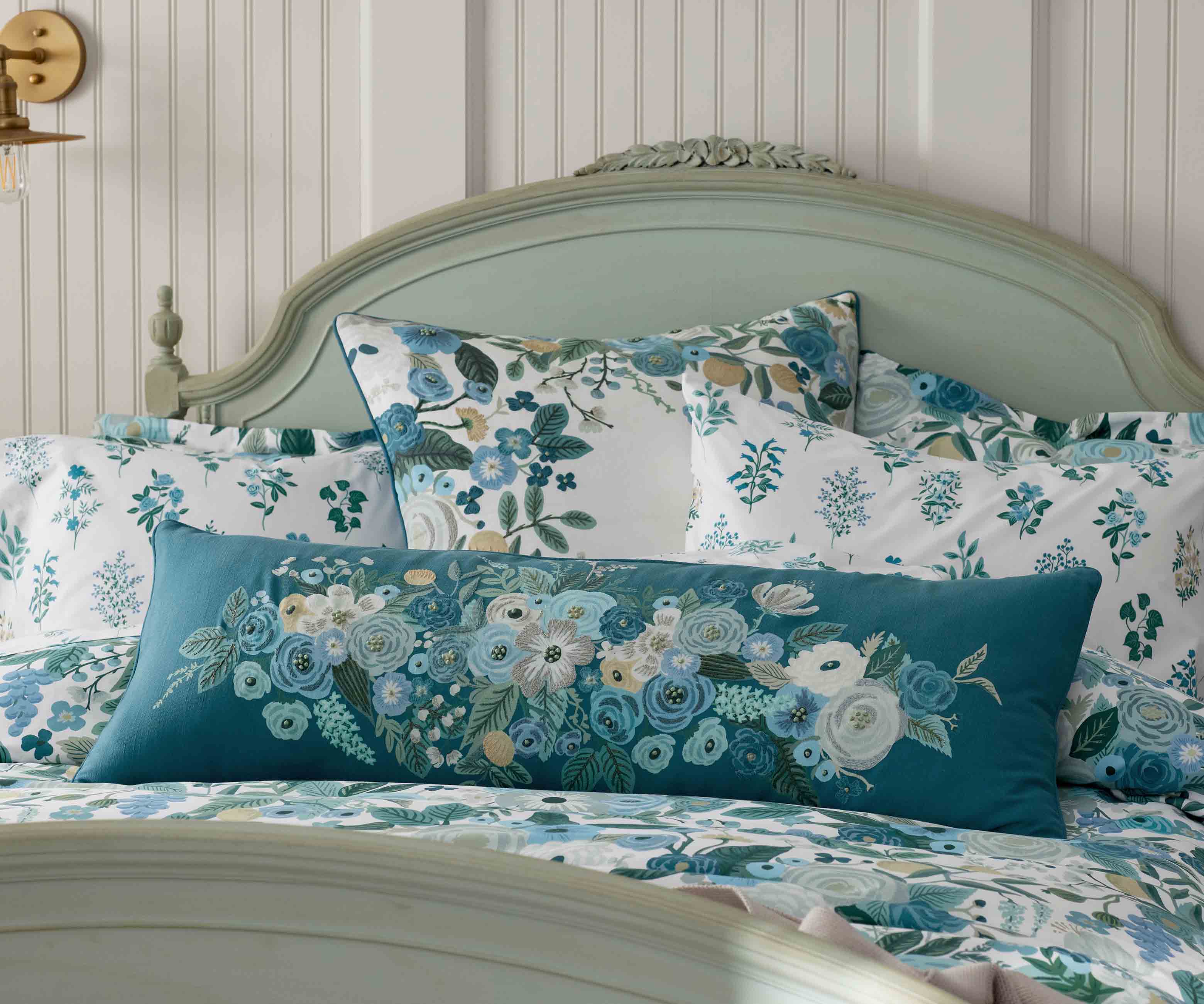 Embroidered Lumbar Pillow Cover - Garden Party Blue