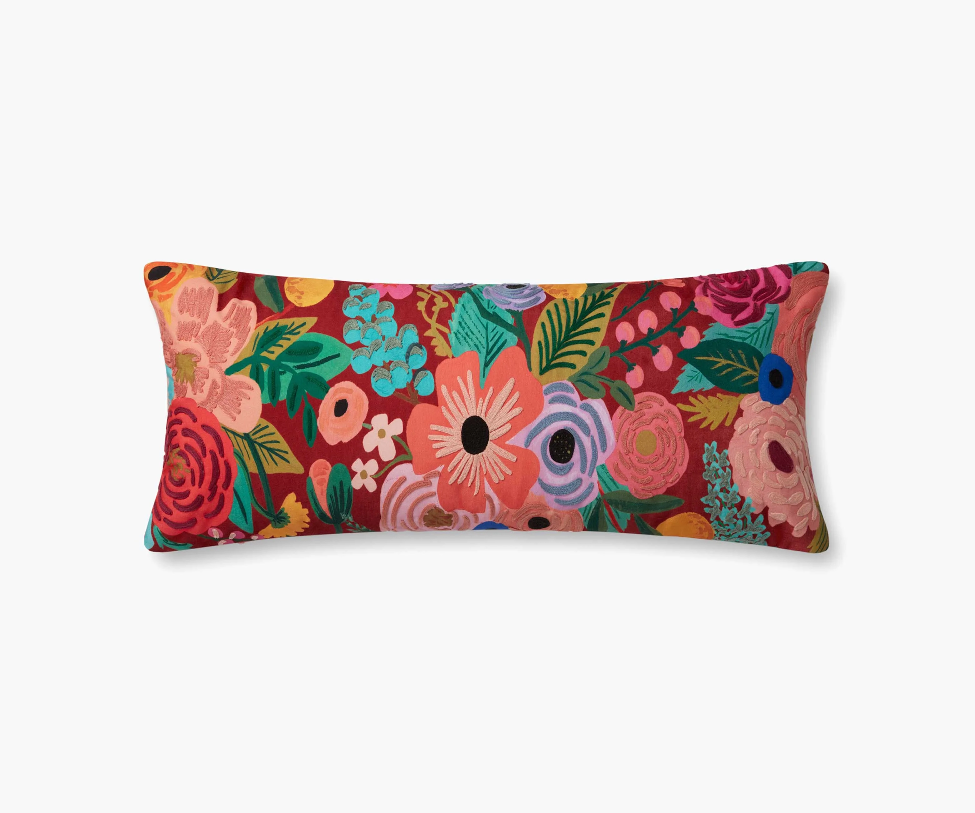 Garden Party Embroidered Lumbar Pillow - Rust